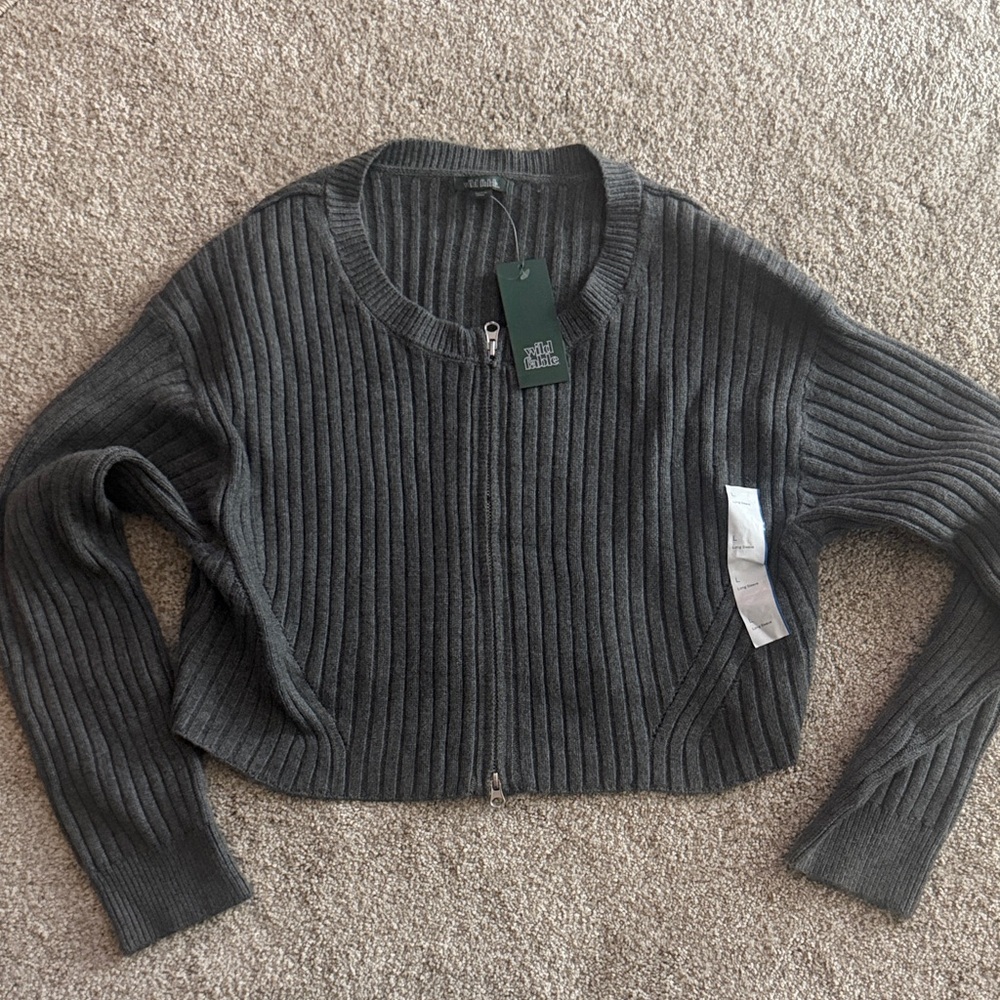 Charcoal Ribbed Zip-Front Cropped Women's Sweater